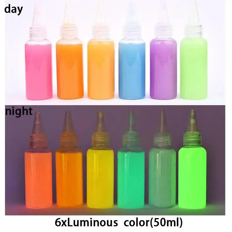 Six luminous colored liquids in 50ml bottles displayed during the day and night.