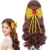 A girl with long brown hair is shown wearing a yellow bow accessory set for dress-up.