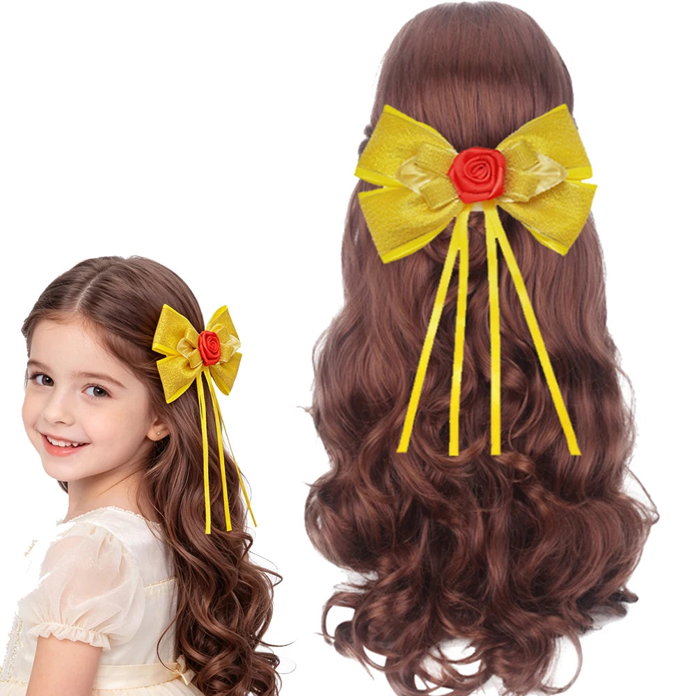 A girl with long brown hair is shown wearing a yellow bow accessory set for dress-up.