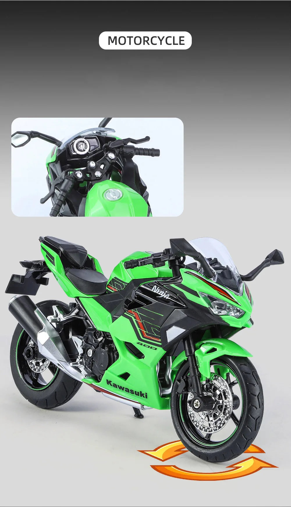 A green 1:12 scale Ninja motorcycle diecast model with lights and sound.