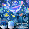 A projection night light shows colorful sea creatures and stars on a dark background.