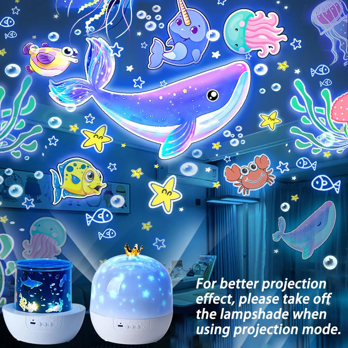 A projection night light shows colorful sea creatures and stars on a dark background.
