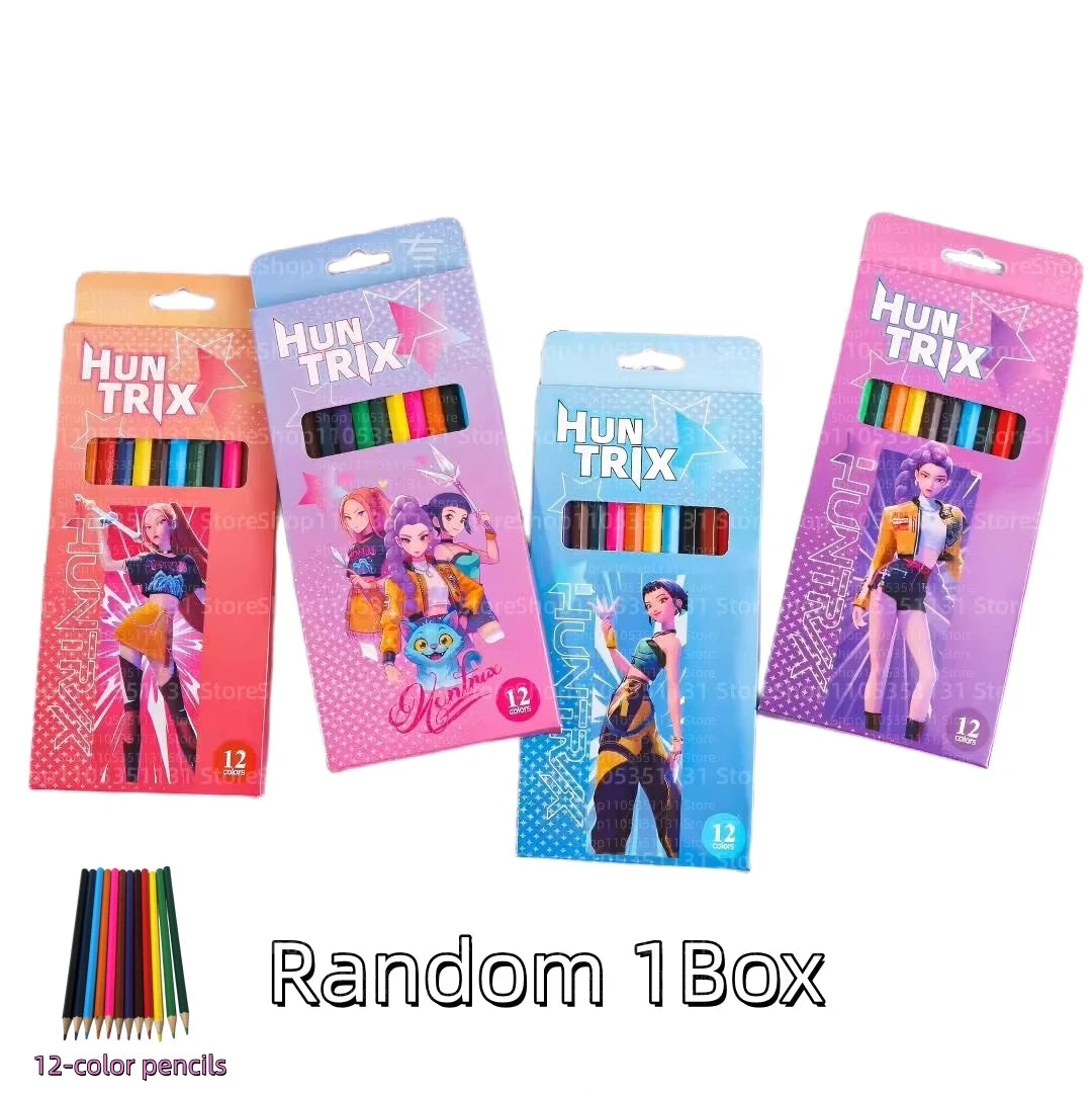 A set of three translucent colored pencils packaged in individual boxes featuring anime girls as hunters