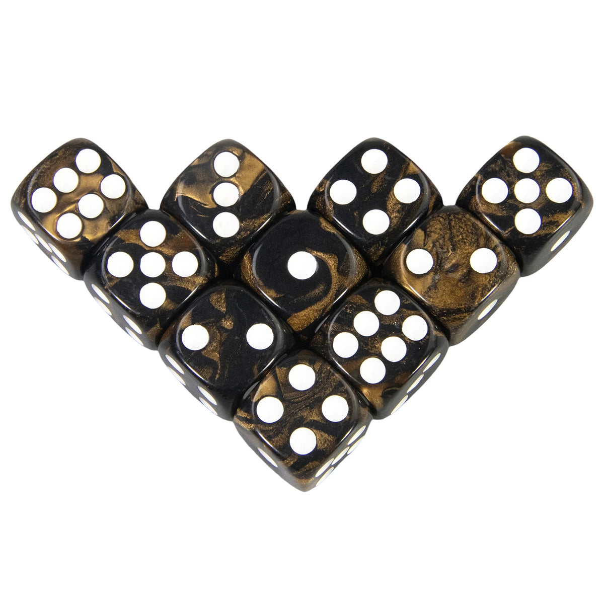 A set of ten round corner acrylic dice in a multi-color marbled brown and white pattern.