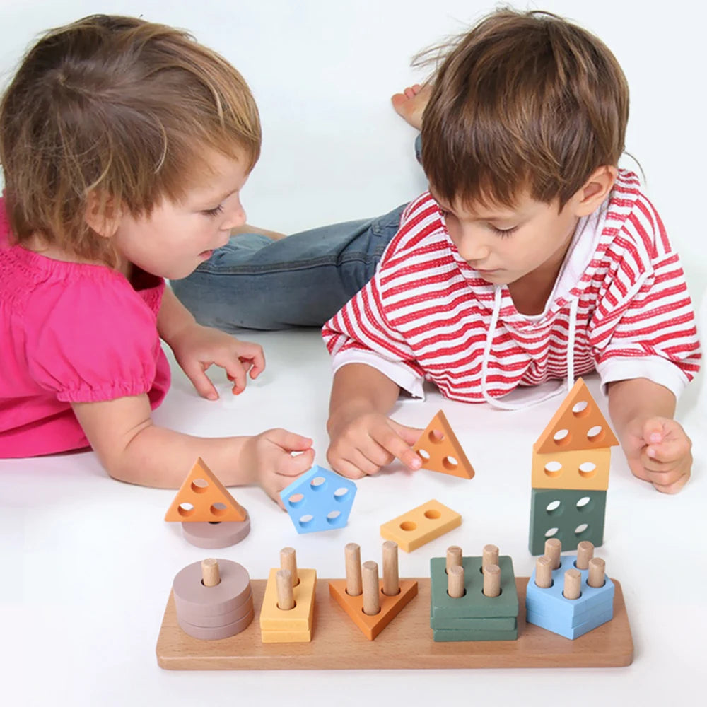 Wooden Shape Sorter & Stacking Toy for Toddlers