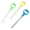 A set of three bubble wands for kids in green, yellow, and blue with smiling faces
