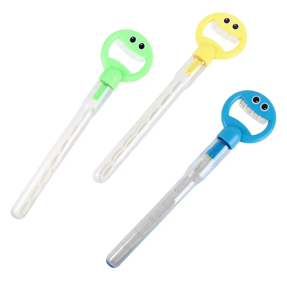 A set of three bubble wands for kids in green, yellow, and blue with smiling faces
