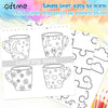 An adult coloring book featuring line art designs of mugs with heart, flower, and geometric patterns.