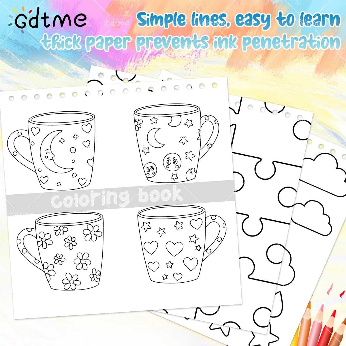 An adult coloring book featuring line art designs of mugs with heart, flower, and geometric patterns.