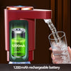 A red electric water dispenser pump with a rechargeable battery is shown dispensing water into a glass.