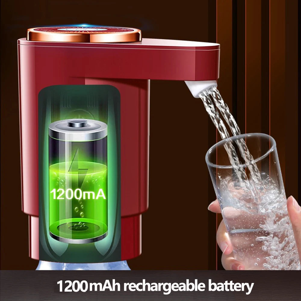 A red electric water dispenser pump with a rechargeable battery is shown dispensing water into a glass.