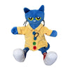 A blue cartoon cat plush toy wearing a yellow collared shirt and white shoes.