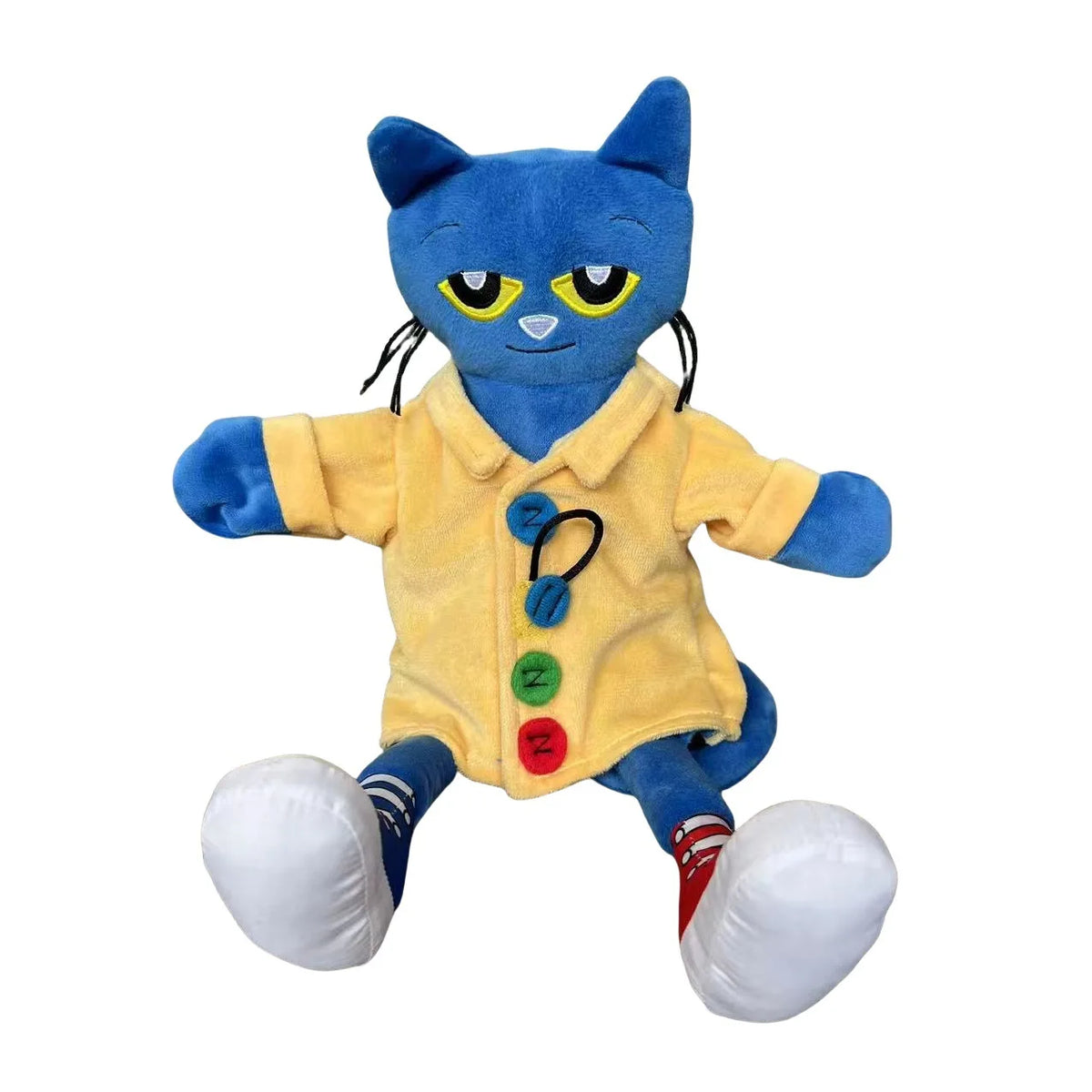 A blue cartoon cat plush toy wearing a yellow collared shirt and white shoes.