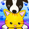 A paint by numbers kit featuring a black and white dog and a yellow cat on a blue background.