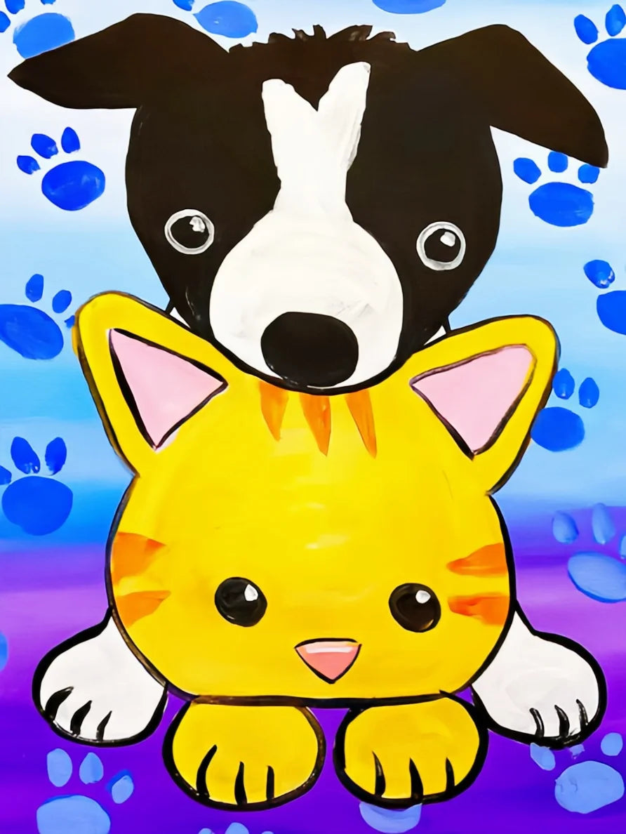 A paint by numbers kit featuring a black and white dog and a yellow cat on a blue background.