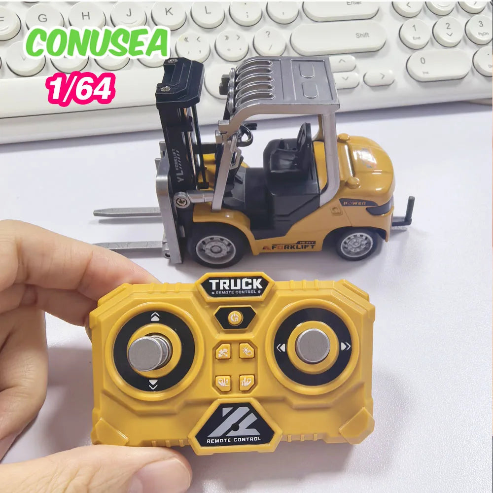 A yellow mini RC forklift truck in 1/64 scale is shown next to its remote control transmitter.
