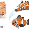 An orange and white 3D paper animal puzzle set of a fish, shown in various assembled and disassembled forms.