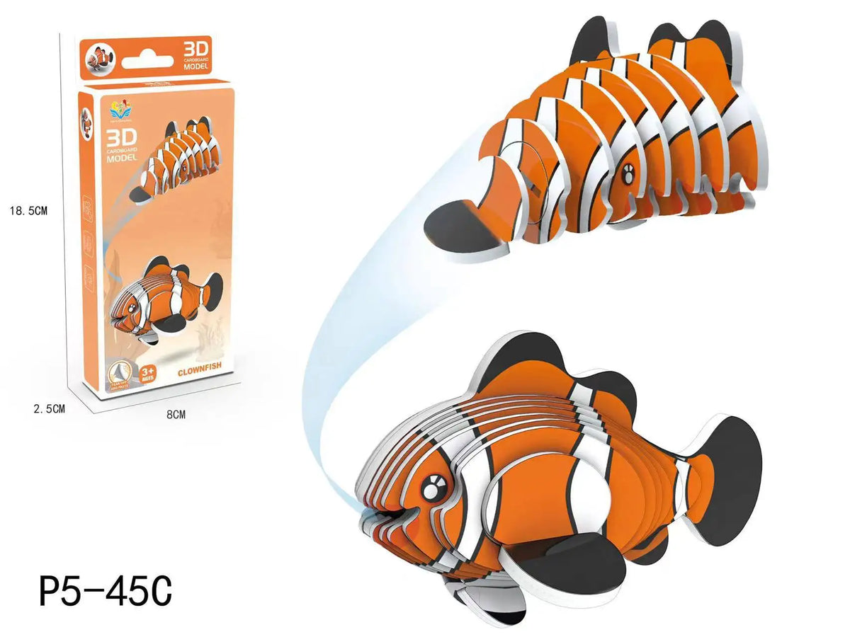 An orange and white 3D paper animal puzzle set of a fish, shown in various assembled and disassembled forms.