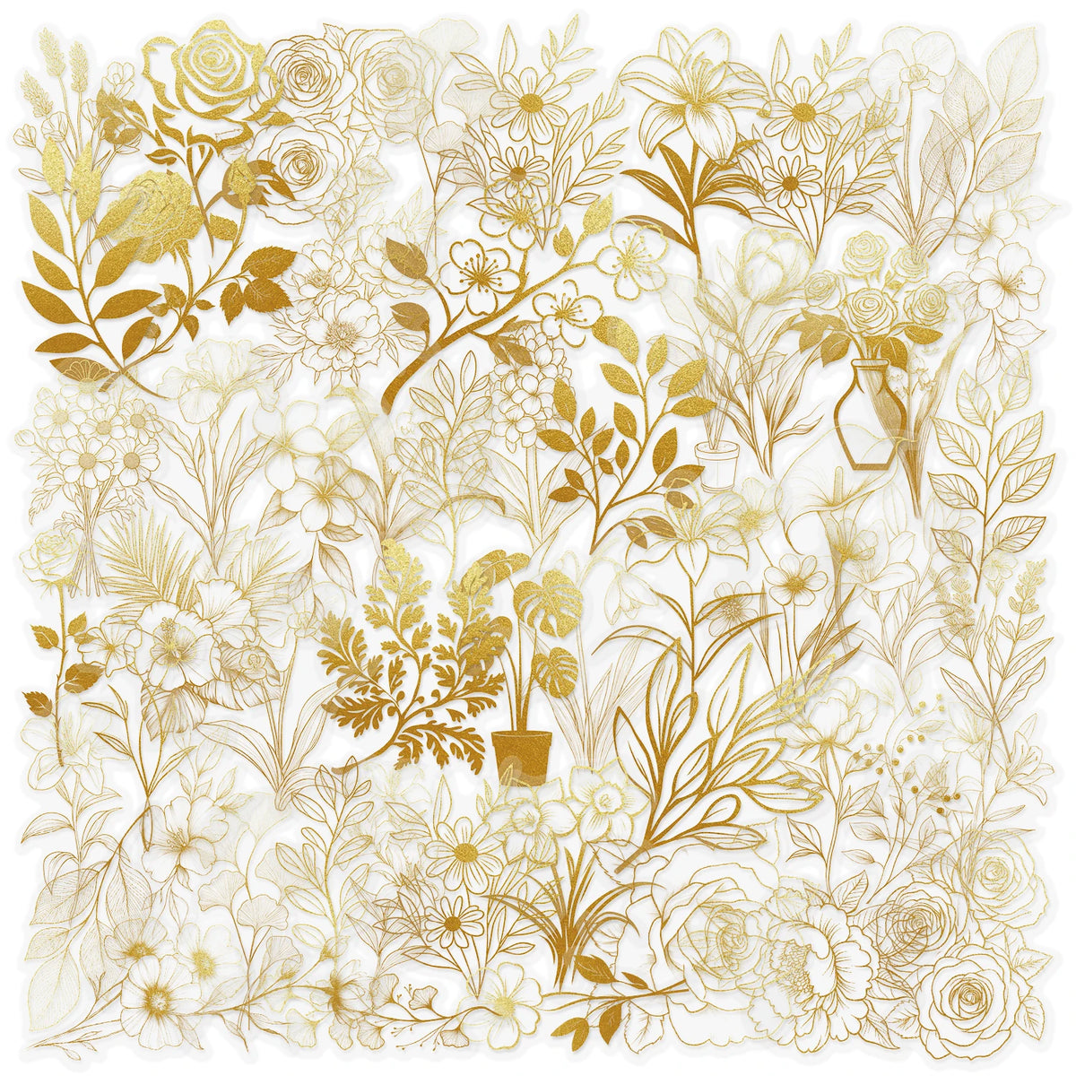 A transparent PET sticker pack featuring golden botanical illustrations of flowers and foliage.
