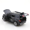 A black 1:36 scale die-cast metal SUV toy with opening doors and pull-back action.