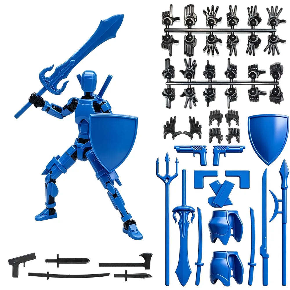 A blue magnetic multi-jointed action figure building set with various accessories and a display stand.