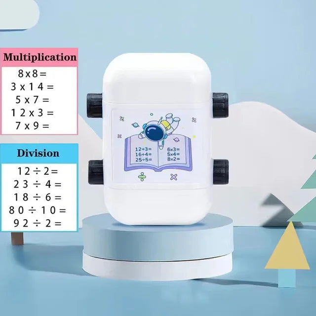 A white roller stamp for multiplication and division math practice is shown with examples on the side.