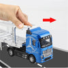 A hand points to a blue diecast container truck with pull-back action and light effects.