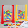A set of red and yellow plastic building blocks and a clear acrylic frame for a 3D puzzle toy