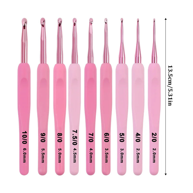 Pink Aluminum Crochet Hook Set – 9 Sizes (2.5–6.0mm)