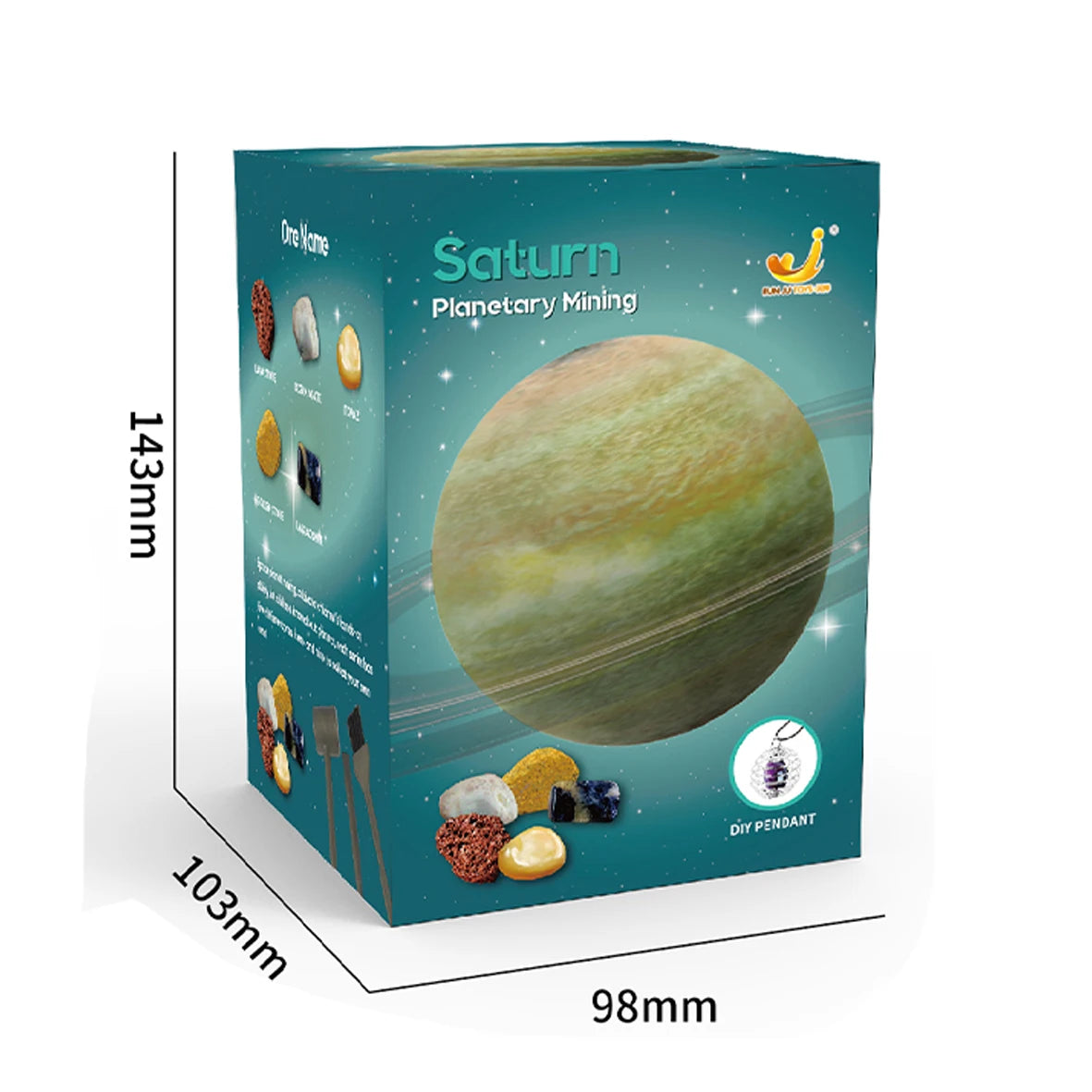 A box of Saturn Planetary Mining kit for children featuring various gemstone-like minerals and a pendant.
