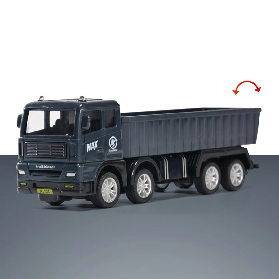 A dark gray pull-back container truck toy for kids with a cab and cargo box.
