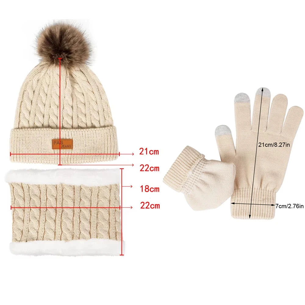 A set of women's knit winter accessories including a hat, scarf, and gloves with a faux fur pom.