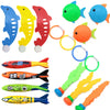 A set of colorful dive toys including fish shapes and rings for an underwater pool treasure hunt.