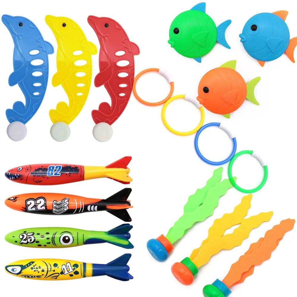 A set of colorful dive toys including fish shapes and rings for an underwater pool treasure hunt.