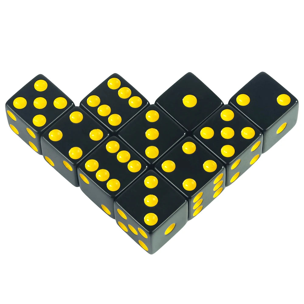 A set of ten vibrant yellow and black acrylic D6 dice for board games and RPGs