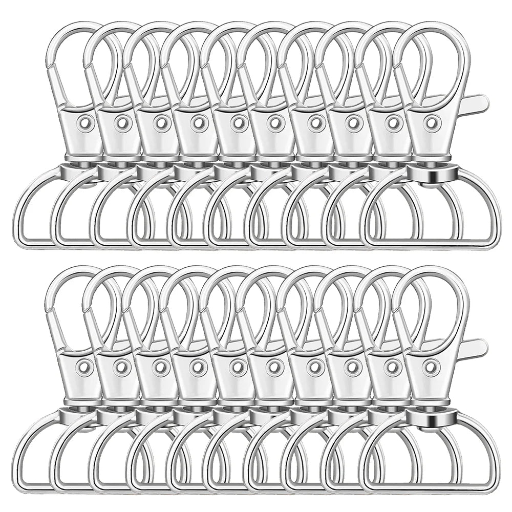 A pack of 30 swivel snap hooks with D-rings for keychains, bags, and craft projects.