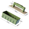 A green plastic sand castle mold with a handle and a rectangular tray, shown from above and the side.