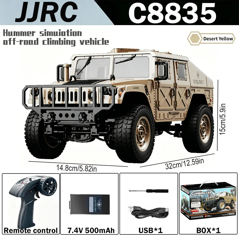 A desert yellow 1:12 scale RC off-road climbing vehicle with a remote control and accessories.