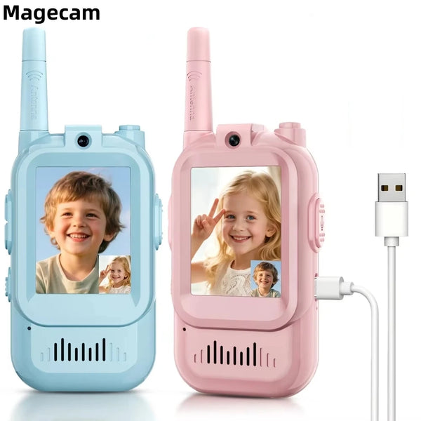 A pink and blue Magacam kids video camera with an HD camera and charging cable.