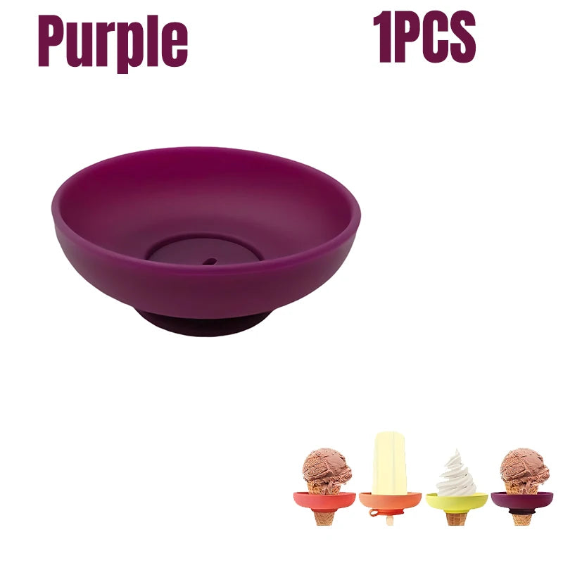 A purple drip-proof silicone popsicle holder with various shaped silicone popsicles displayed below.