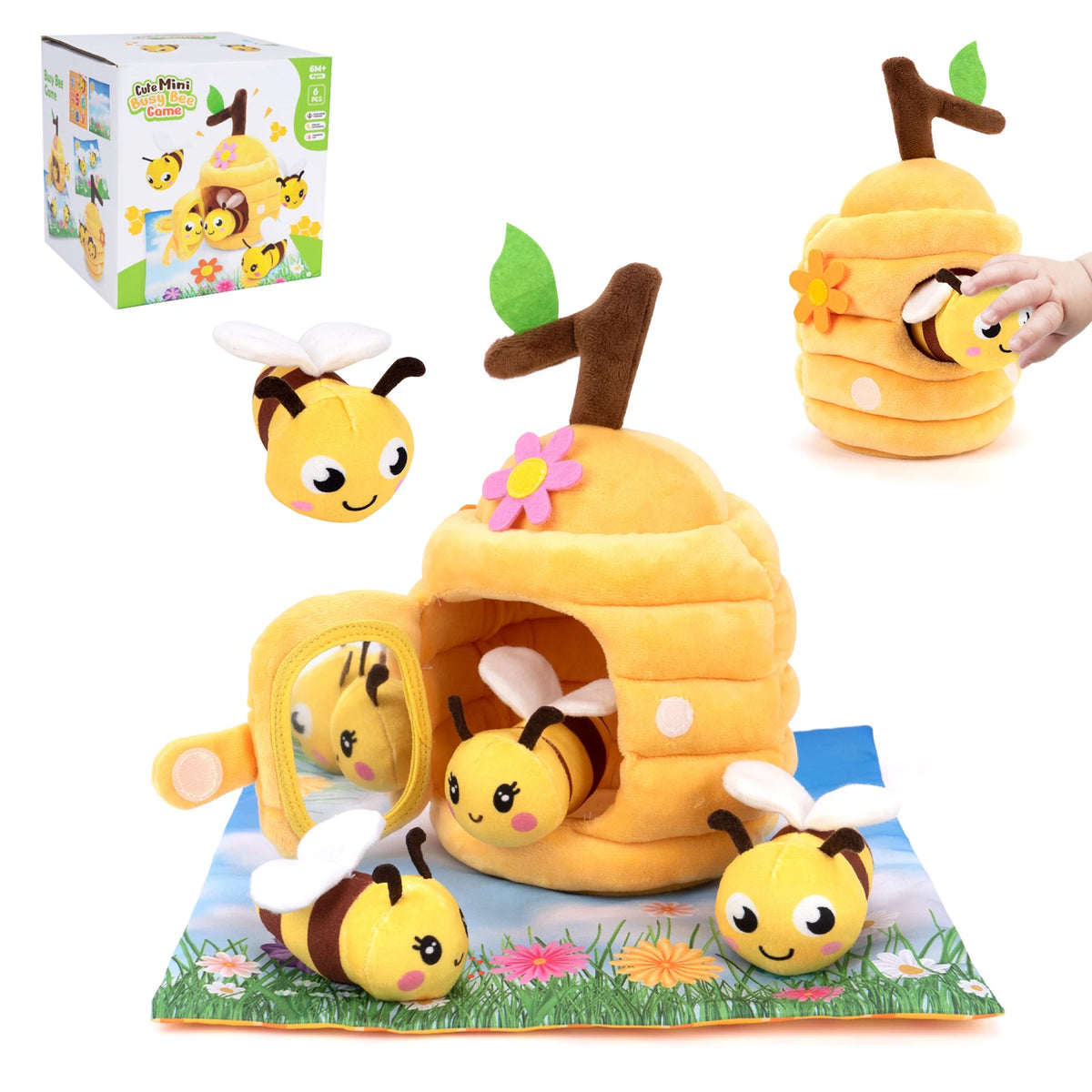 A yellow plush bee toy in a cardboard farm animal house with a green leaf, set for sensory play.