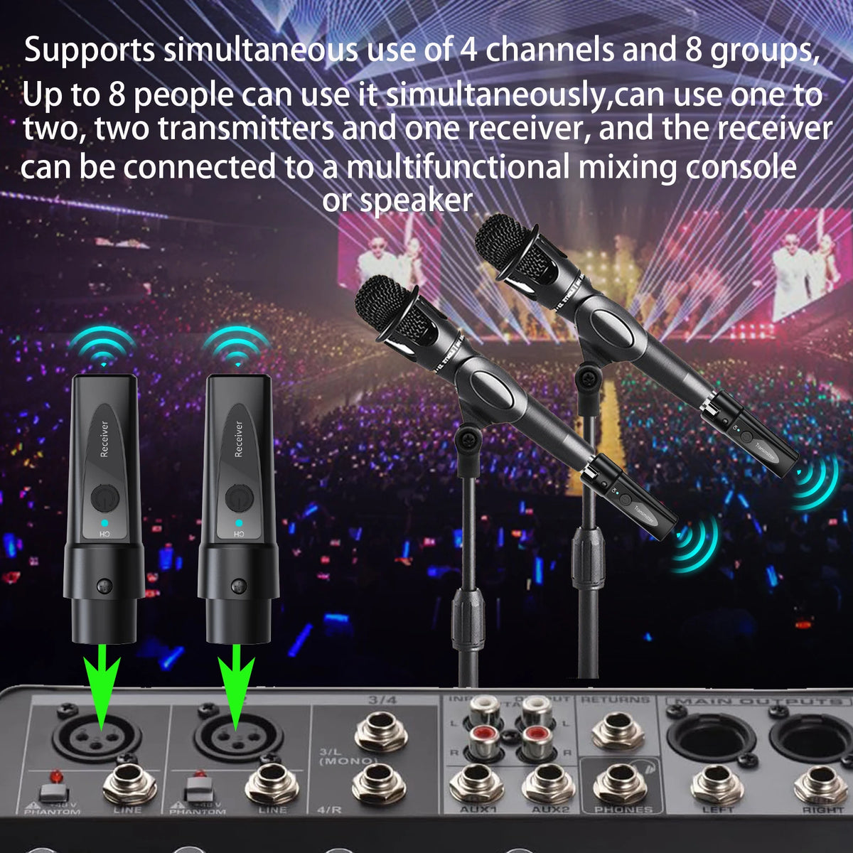 A set of wireless microphone system components including transmitters, receivers, and an audio mixing console panel.