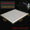 A flat, clear vinyl record sleeve with self-adhesive outer bag and dimensions 32cm x 32cm x 4cm.
