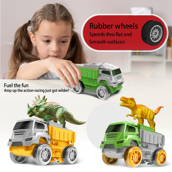 A child plays with a green and gray toy truck model featuring rubber wheels, alongside dinosaur race track models.