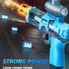 A blue automatic electric water gun is shown firing a stream of water with flashing lights against a dark background.