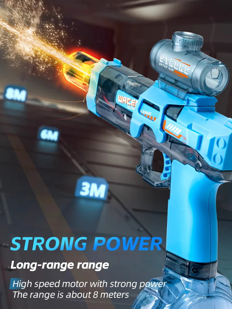 A blue automatic electric water gun is shown firing a stream of water with flashing lights against a dark background.