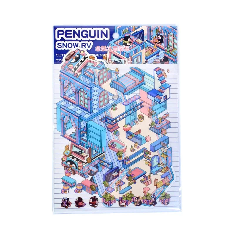 A sticker pack featuring whimsical cartoon penguin and dog RV scenes in blue and white.