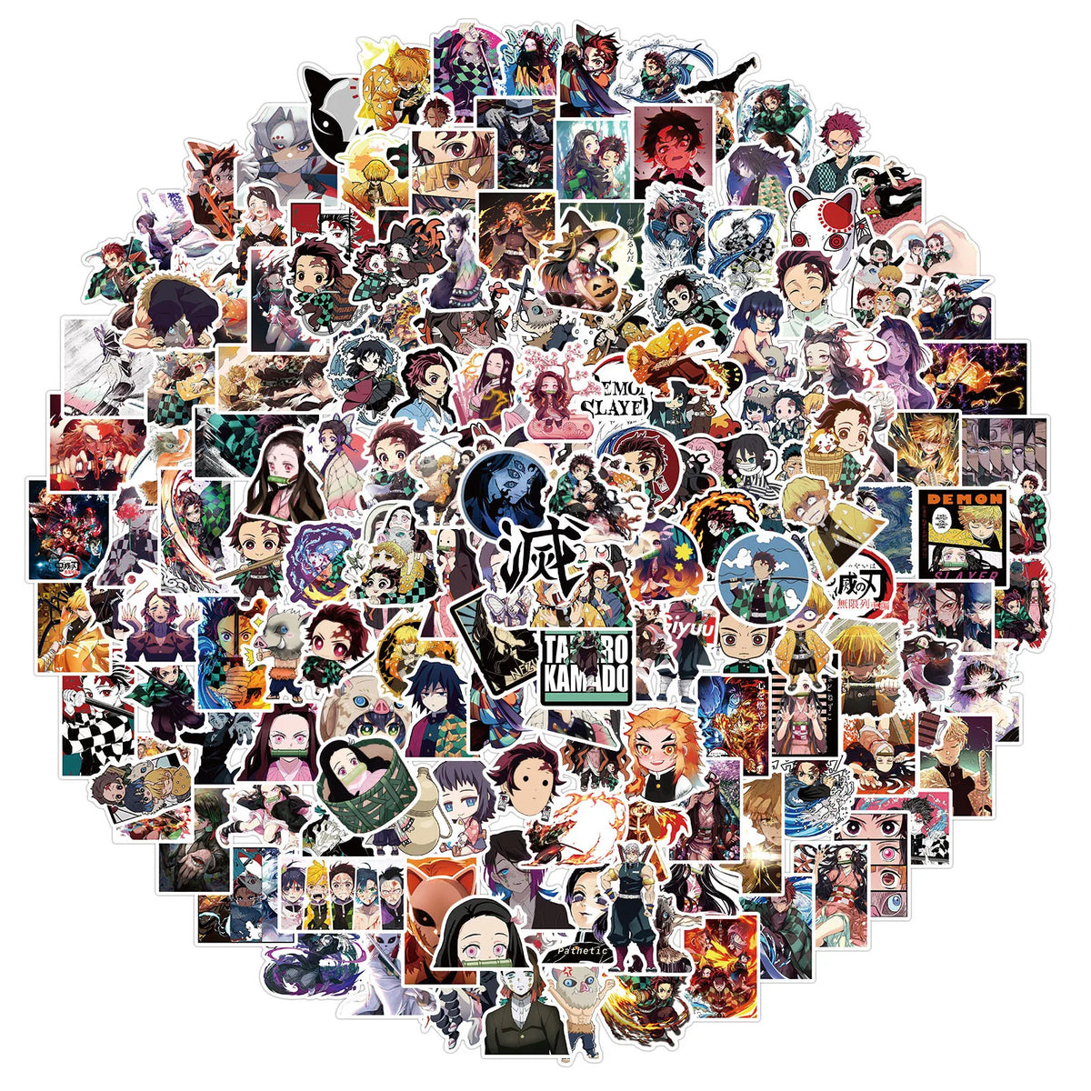 Dichte Collage von Anime Demon Slayer Decals und Aufklebern mit verschiedenen Charakteren und Designs.