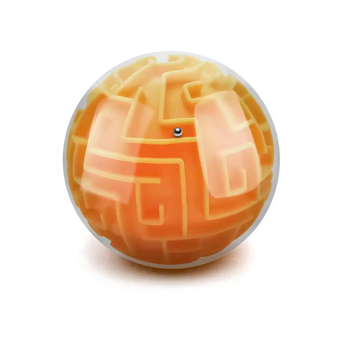 A translucent orange 3D maze fidget cube with a silver stud on top.