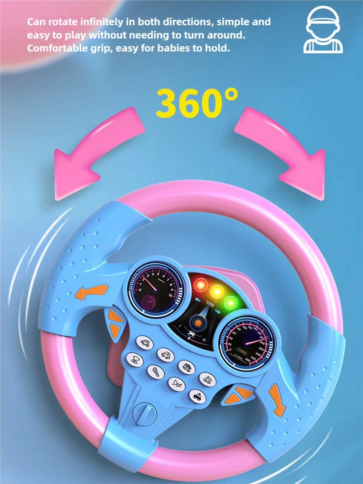 Volant d'apprentissage bleu et rose rotatif à 360 degrés pour enfants, vue rapprochée.
